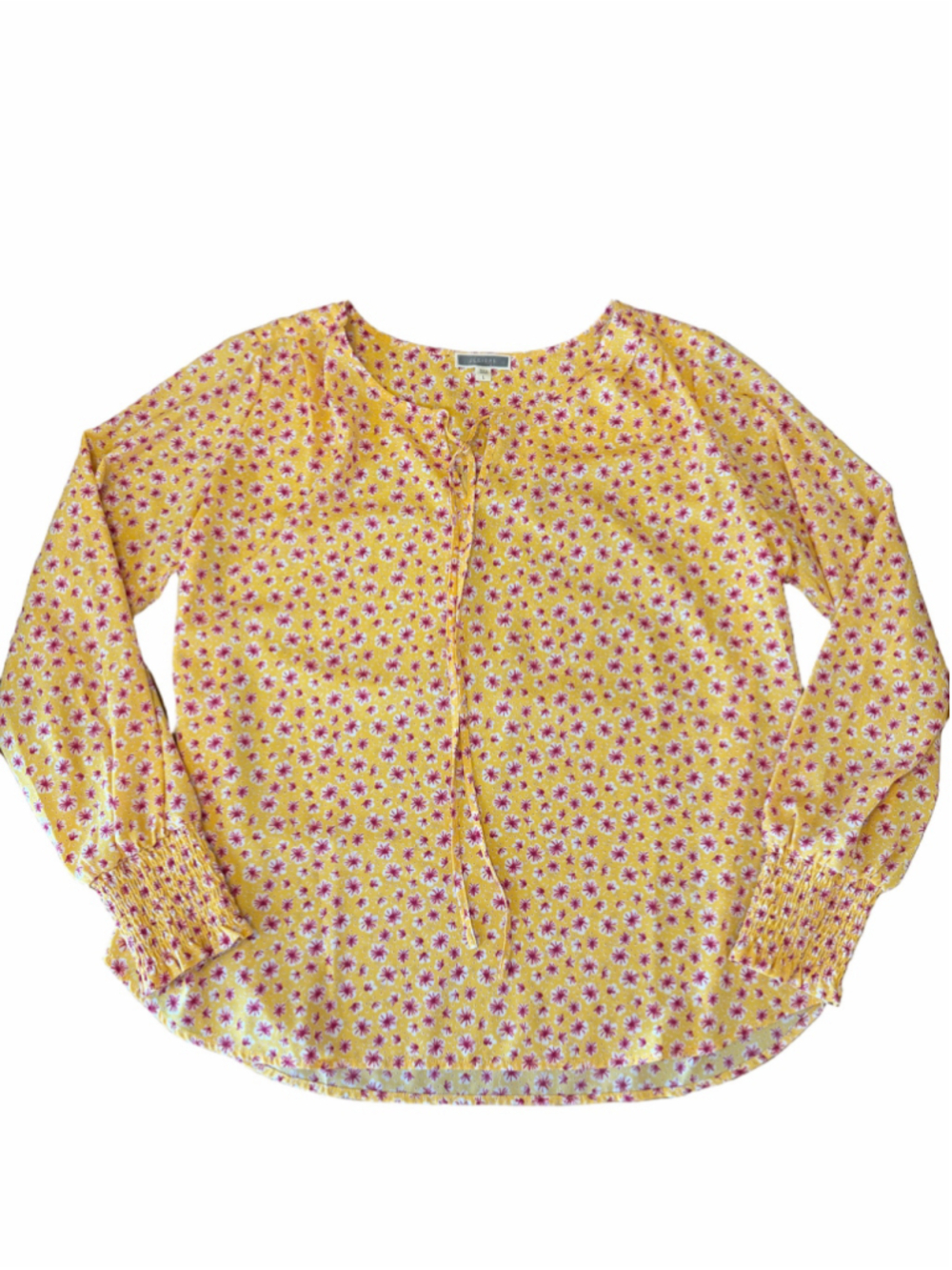 Pleione Anthropology Floral Blouse Size L Yellow Pink Long Sleeve